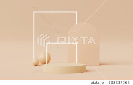 3D Render, Minimal Realistic pastel Display Podium for Product Mock up or Cosmetics Presentation in colorful pastel Studio, Cylinder pedestal showcase scene, geometric shapes background. 102837368