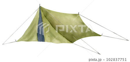 Camp Tent. Hand drawn watercolor illustration of old traditional equipment for hiking or travel on white isolated background. Drawing of retro camping for trip in a forest. Sketch of Campsite. 102837751