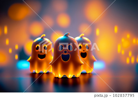 Halloween ghosts on orange bokeh background. Happy Halloween holiday concept. Generative AI illustration Halloween ghosts on orange bokeh background. Happy Halloween holiday concept. Generative AI illustration 102837795