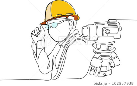 Close up of Caucasian worker with helmet on head using tablet for work while standing in warehouse. Surveyor with a tripod icon. Geodesic tripod. Vector illustration 102837939
