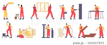 House renovation cartoon workers. People in workwear paint walls and repair plumbing. Install window and air conditioner. Man welds metal structure. Vector builders brigade works set 102837955