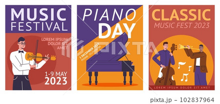 Classic music concert posters. String and wind instruments. Musicians characters. Invitational banners. Symphony orchestra. Acoustic performance. Vector musical festival cards design set Classic music concert posters. String and wind instruments. Musicians characters. Invitational banners. Symphony orchestra. Acoustic performance. Vector musical festival cards design set 102837964