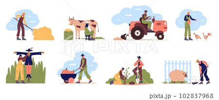 Cartoon agricultural workers. Men or women taking care of plants and livestock. Agriculture harvest. People feeding domestic birds. Gardeners in uniform. Farmers characters vector set 102837968