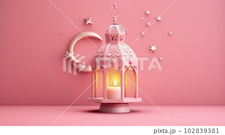 Eid Mubarak pink background with lantern. Illustration AI Generative 102839381