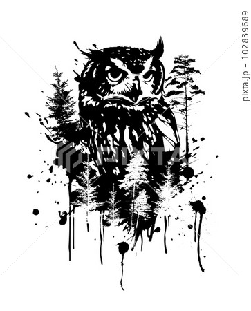 Monochrome graphic portrait of an owl in the forest. Abstraction trees and owl. Print for t-shirt or tattoo, graffiti style. Vector illustration Monochrome graphic portrait of an owl in the forest. Abstraction trees and owl. Print for t-shirt or tattoo, graffiti style. Vector illustration 102839689
