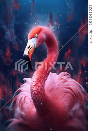 Portrait of a flamingo on a colorful background. Emotive portrait 102841023