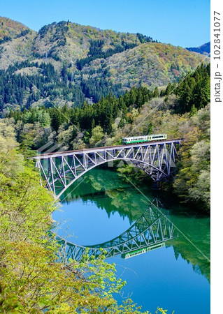 只見線 新緑の第一只見川橋梁を渡る列車(福島県三島町、4月下旬午前) 只見線 新緑の第一只見川橋梁を渡る列車(福島県三島町、4月下旬午前) 102841077