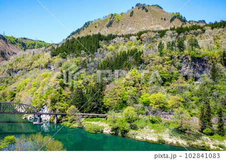 只見線 春の第四只見川橋梁(福島県金山町、4月下旬午後) 只見線 春の第四只見川橋梁(福島県金山町、4月下旬午後) 102841083