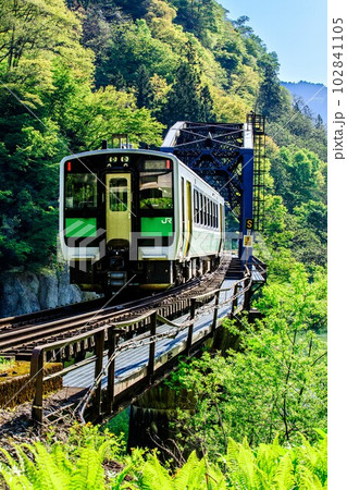 只見線　春の第四只見川橋梁を渡る列車キハE120形(福島県金山町、5月上旬早朝) 102841105
