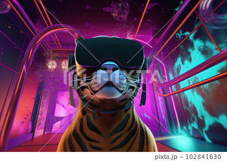 Tiger wearing virtual reality glasses in futuristic setting, vibrant colors. Generative AI Tiger wearing virtual reality glasses in futuristic setting, vibrant colors. Generative AI 102841630