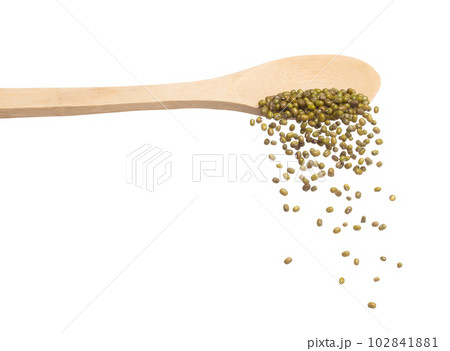 Green mung beans fall down in wooden spoon, green mung bean float explode, abstract cloud fly. Dried green mung beans splash throwing in Air. White background Isolated high speed shutter, freeze 102841881