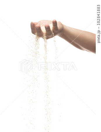 White Sesame pouring down from hand fingers, white Sesame grain wave floating, fall in air. Basil seed is organic healthy food. White background Isolated high speed shutter, freeze stop motion White Sesame pouring down from hand fingers, white Sesame grain wave floating, fall in air. Basil seed is organic healthy food. White background Isolated high speed shutter, freeze stop motion 102841883