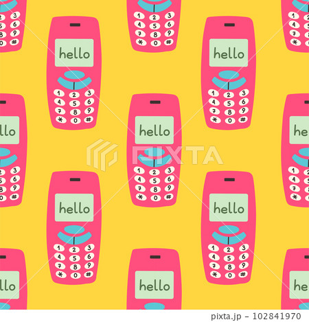 90s seamless pattern with old mobile phone on yellow background. Vector in cartoon 80s 90s pop art comic style. 102841970