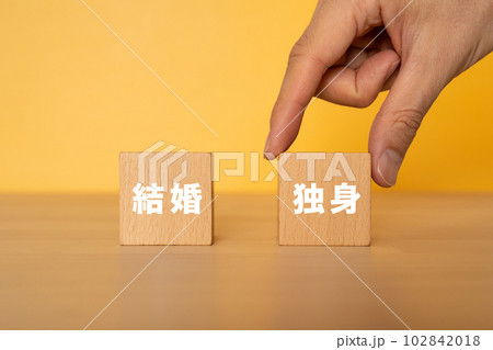 独身と書かれたブロックと選ぶ手 102842018