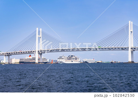 神奈川県横浜市　豪華客船クルーズから見た豪華客船と横浜の風景 102842530