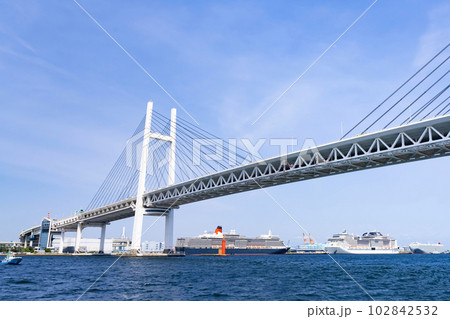 神奈川県横浜市　豪華客船クルーズから見た豪華客船と横浜の風景 102842532