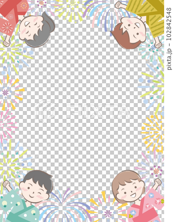 可愛的浴衣夏季節日煙花中的孩子們的框架 102842548