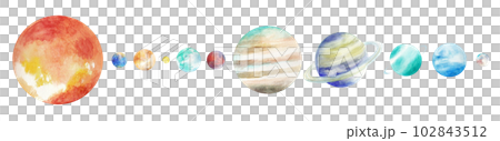 水彩で描いた太陽、地球、月、惑星のイラストセット　挿絵　背景イラスト 102843512