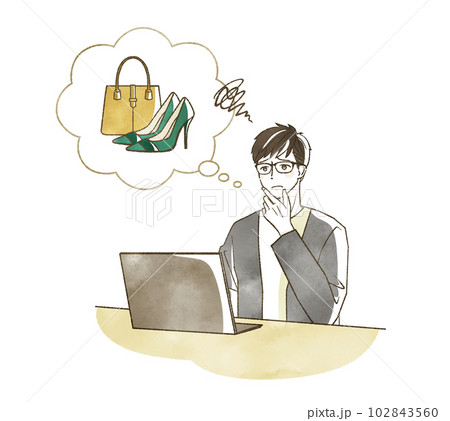 パソコンで女性用の靴やバッグを調べている男性 102843560