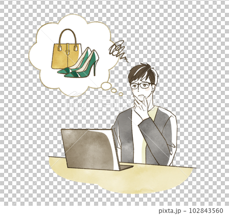 パソコンで女性用の靴やバッグを調べている男性 102843560