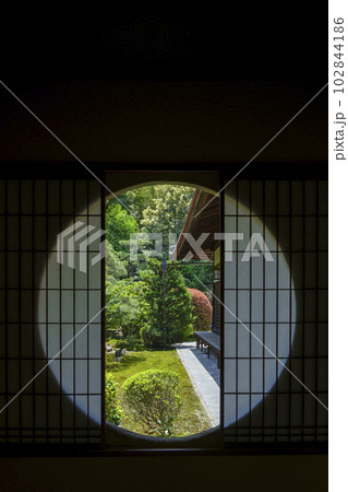 東福寺　芬陀院（雪舟寺）図南亭から望む東庭　新緑の季節 102844186