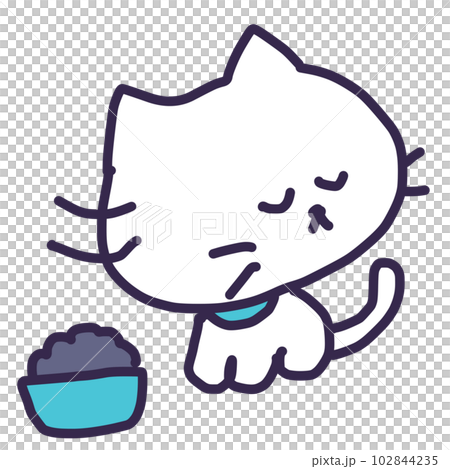 Illustration of a cute white kitten not eating rice Illustration of a cute white kitten not eating rice 102844235