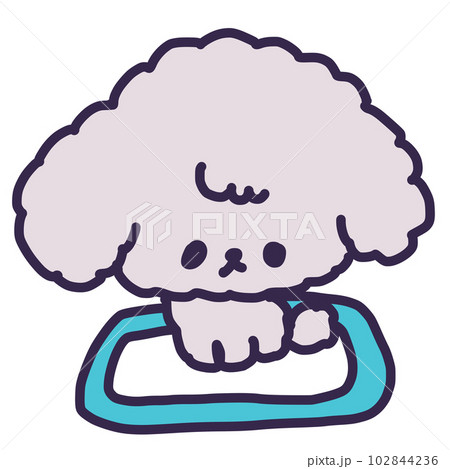 トイレトレーの上でおすわりしているかわいいトイプードルの子犬のイラスト 102844236