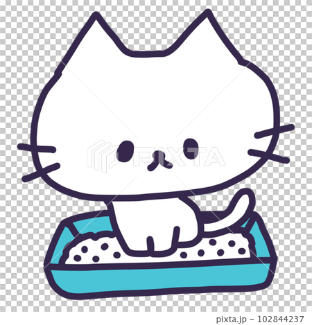 トイレトレーの上でおすわりしているかわいい白色の子猫のイラスト 102844237