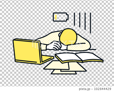 A business person lying down at his desk due to fatigue. Illustration material of a man who is busy and falls asleep at work. A business person lying down at his desk due to fatigue. Illustration material of a man who is busy and falls asleep at work. 102844429