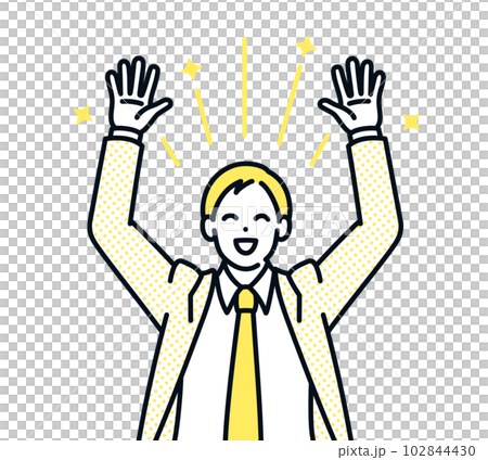 A businessman who raises both hands and banzai. Illustration material of a man who is overjoyed at the promotion. 102844430