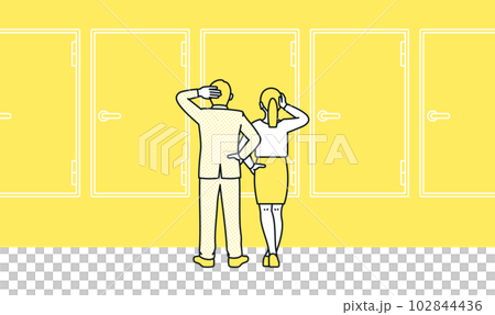 A business person standing in front of the door. Illustration material of men and women who ponder multiple options before. 102844436
