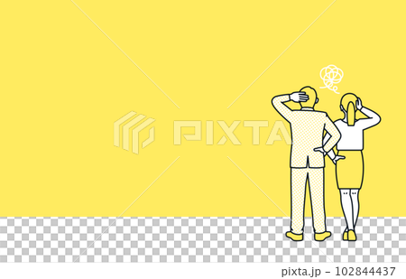 Men and women who hold their heads in front of the problem. Illustration material of a business person standing up to solve a problem. Men and women who hold their heads in front of the problem. Illustration material of a business person standing up to solve a problem. 102844437