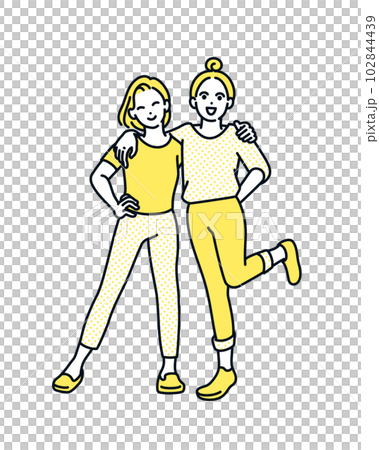 元気いっぱい二人組の女の子。楽しそうな女性のイラスト素材。 元気いっぱい二人組の女の子。楽しそうな女性のイラスト素材。 102844439
