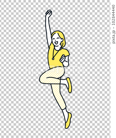 若い女性がはつらつとガッツポーズしながらジャンプしているイラスト素材。 若い女性がはつらつとガッツポーズしながらジャンプしているイラスト素材。 102844440