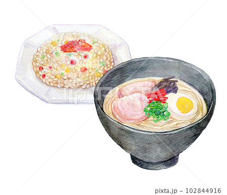 ラーメン炒飯セット　水彩画　手描きイラスト　水彩イラスト 102844916