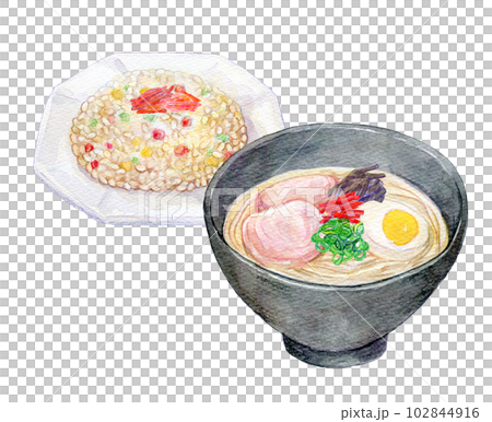 ラーメン炒飯セット　水彩画　手描きイラスト　水彩イラスト 102844916