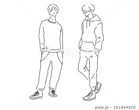 かっこいい男性の2人のシンプルな線画／手描きイラスト素材のイラスト