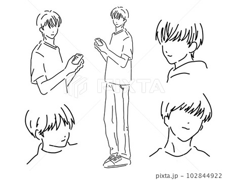 かっこいい男性のシンプルな線画セット／手描きイラスト素材 102844922