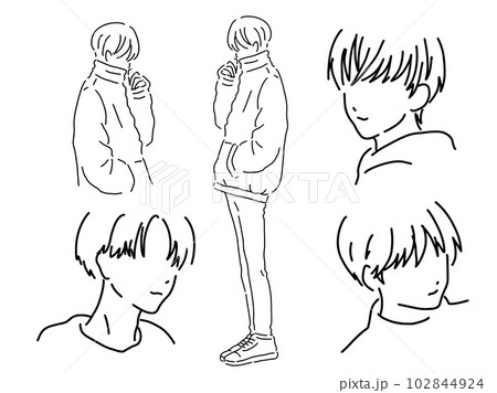 かっこいい男性のシンプルな線画セット／手描きイラスト素材のイラスト