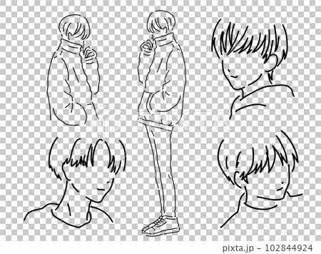 かっこいい男性のシンプルな線画セット／手描きイラスト素材のイラスト