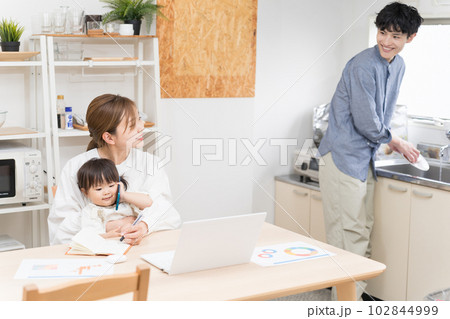 リモートワークの夫婦の微笑ましい会話とママの真似してスマホにイタズラする乳幼児 リモートワークの夫婦の微笑ましい会話とママの真似してスマホにイタズラする乳幼児 102844999