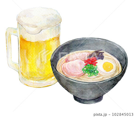 ラーメンとビールのセット 水彩画 手描きイラスト 水彩イラスト ラーメンとビールのセット 水彩画 手描きイラスト 水彩イラスト 102845013