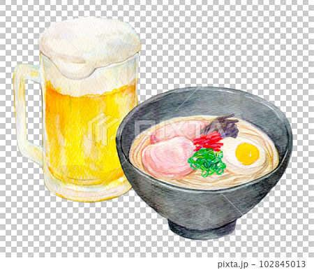 ラーメンとビールのセット 水彩画 手描きイラスト 水彩イラスト ラーメンとビールのセット 水彩画 手描きイラスト 水彩イラスト 102845013