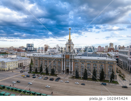 Yekaterinburg City Administration or City Hall and Central square at summer evening. Evening city in the summer sunset, Aerial View. 102845424