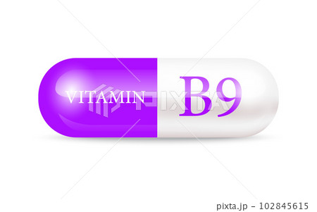 Capsule vitamin B9 (Thiamine) 3D Vector Illustration. Structure purple, white. Vitamin complex with chemical formula. Drug business concept. Personal care, beauty concept. transparent capsule pill. 102845615