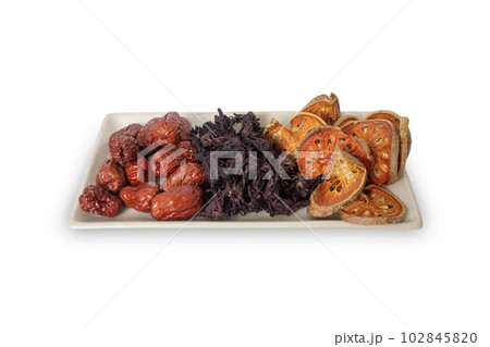 Three traditional Asian herbal teas on the same plate. Three traditional Asian herbal teas on the same plate. 102845820