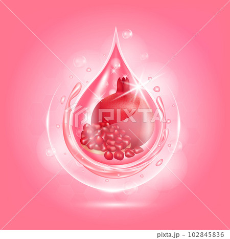 Pink drop serum pomegranate. Vitamins and collagen organic anti aging serum fruit acid product. Natural eco skin care cosmetic. Realistic 3d vector EPS10 illustration. Pink drop serum pomegranate. Vitamins and collagen organic anti aging serum fruit acid product. Natural eco skin care cosmetic. Realistic 3d vector EPS10 illustration. 102845836