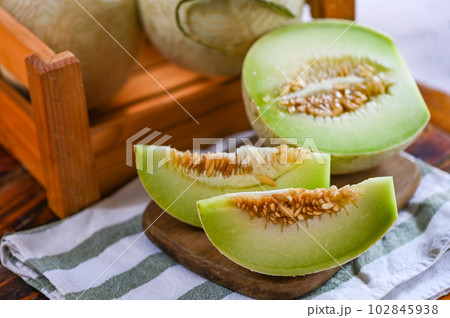 cantaloupe thai slice fruit for health green cantaloupe thailand, cantaloupe melon on wooden plate cantaloupe thai slice fruit for health green cantaloupe thailand, cantaloupe melon on wooden plate 102845938
