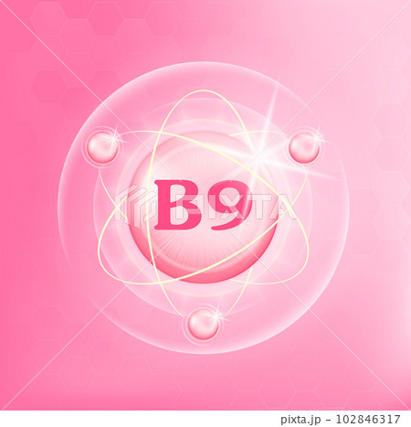 Vitamin B9 icon structure light pink substance. Medicine health symbol of thiamine. Drug business concept. Vector Illustration. 3D Vitamin complex with chemical formula. Personal care, beauty concept 102846317