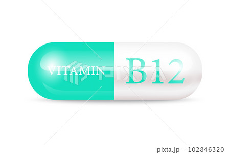 Capsule vitamin B12 (Thiamine) structure green, white. Vitamin complex with chemical formula. Drug business concept. Personal care, beauty concept. 3D Vector Illustration. transparent capsule pill. Capsule vitamin B12 (Thiamine) structure green, white. Vitamin complex with chemical formula. Drug business concept. Personal care, beauty concept. 3D Vector Illustration. transparent capsule pill. 102846320